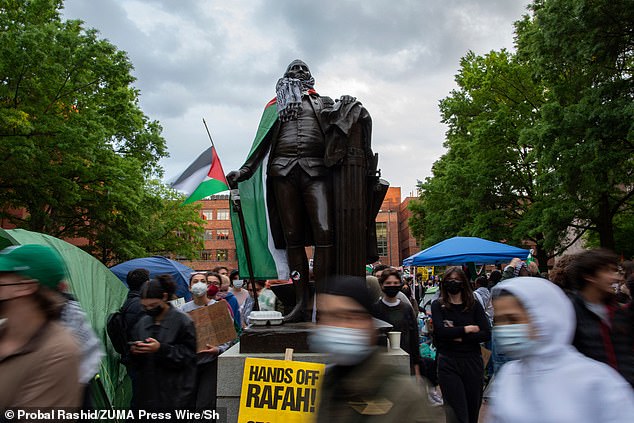 The antics of some GWU students have sparked outrage, including the defacing of a statue of George Washington by covering it with graffiti, flags and keffiyehs of 