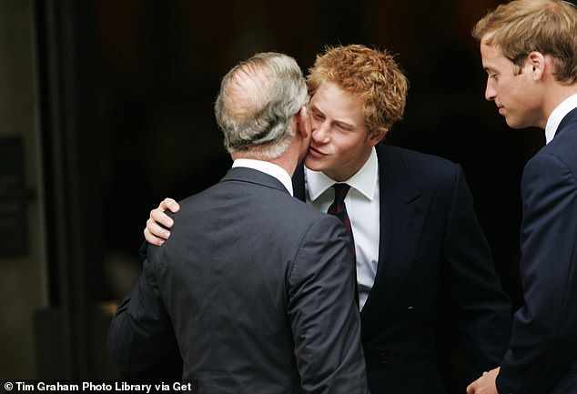 Charles is - according to Prince Harry's spokesperson yesterday - a father who is too busy to see his son. Above: Harry greeting his father alongside Prince William at the 10th birthday memorial service for his mother, Princess Diana, in 2007.