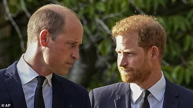 Prince William and Prince Harry walk side by side after viewing floral tributes for the late Queen Elizabeth II outside Windsor Castle.