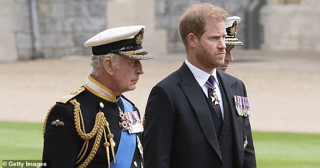 King Charles with his son at the late Queen's funeral at St George's Chapel, Windsor, in September 2022