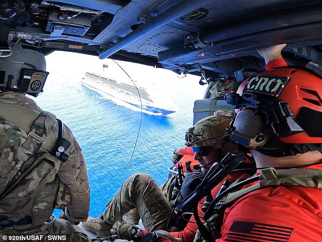 Pictured are members of the 920th Rescue Wing who successfully conducted a civilian medical airlift operation of a critical patient aboard the Carnival Venezia cruise ship.