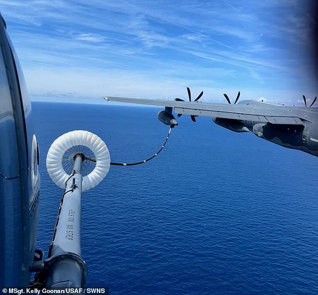 Reaching the remote location of the Carnival Venezia cruise ship required three mid-air refuelings from helicopters. Footage shows an HH-60G Pave Hawk helicopter receiving fuel from an HC-130J Combat King II during the May 4 rescue.