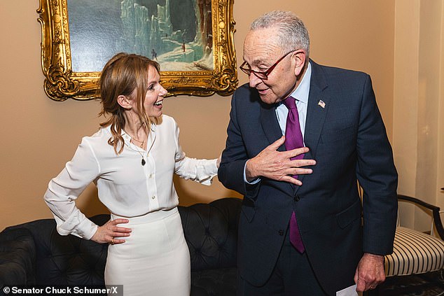 Halliwell, 51, was in Washington DC for a family literacy event with the Barbara Bush Foundation and Senator Chuck Schumer (pictured together at the event).