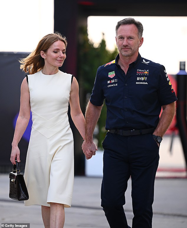 Her appearance comes after her husband, F1 executive Christian Horner, 50, became embroiled in a sexting scandal. Pictured: The couple at the Bahrain F1 Grand Prix on March 2.