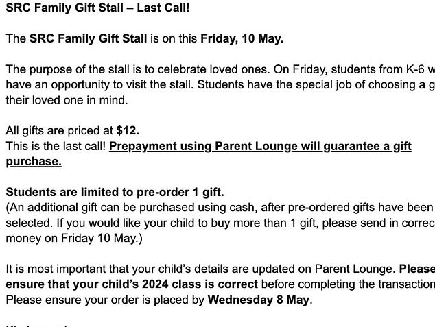 Parents were notified about the Family Day booth in a school email (pictured)