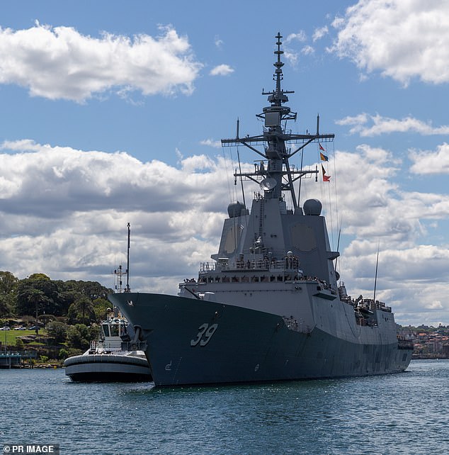 HMAS Hobart (pictured at its home port in Sydney) was in the Yellow Sea enforcing United Nations sanctions against North Korea.