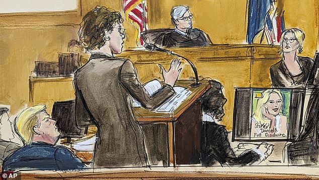 In this courtroom sketch, defense attorney Susan Necheles, center, questions Stormy Daniels, far right, while former President Donald Trump, left, looks on.