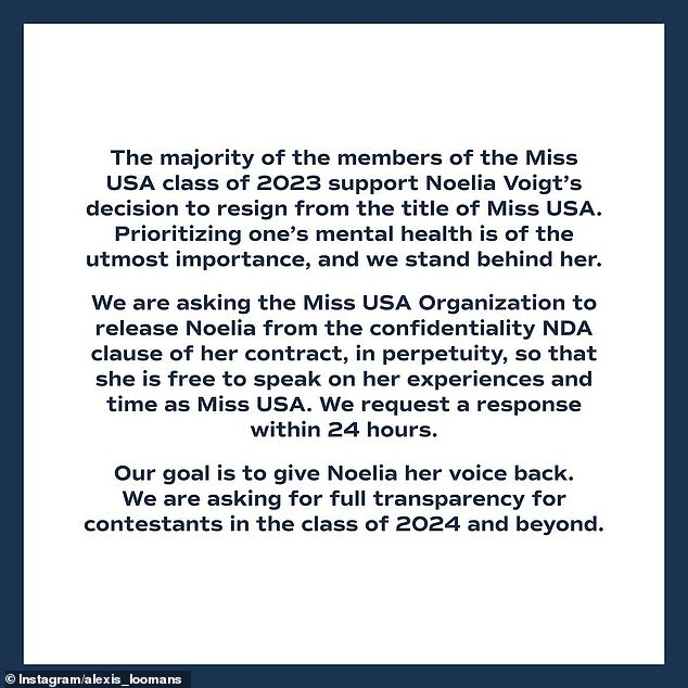 The joint statement (photo) demanded a response from the Miss USA organization within 24 hours