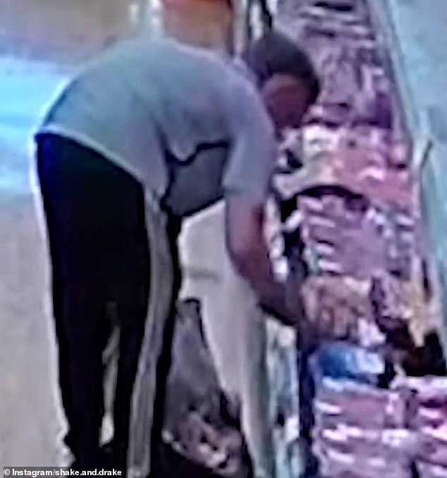 The man allegedly stole dozens of packages of expensive meat (pictured) before leaving without paying, as seen on CCTV.