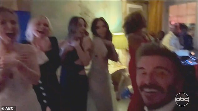 Jimmy then played a clip of Victoria singing with the other Spice Girls at the party while David filmed.