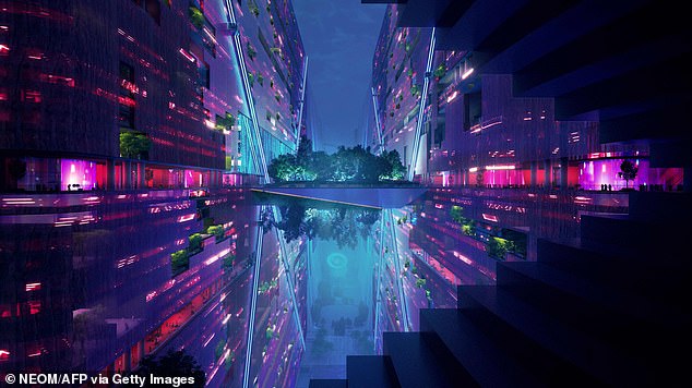 The designs show bright neon lights in the city of the future that could be completed by 2030 if construction goes as planned.