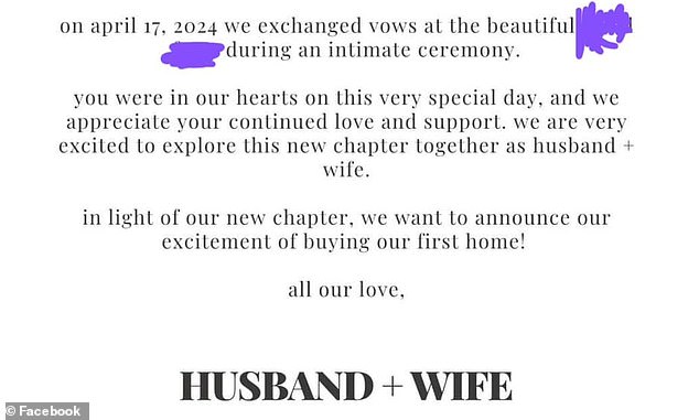 This is not the first time that marriage-related issues have been in the spotlight lately. Last month, a bride came under fire for subtly asking her loved ones for money to buy a house even though she and her fiancé are secretly planning to elope (pictured: the invitation).