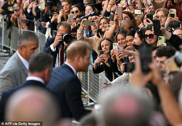 Fans take pictures of Prince Harry as he greets well-wishers at St Paul's yesterday