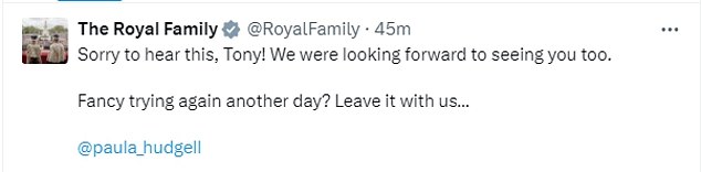 Fortunately, the Royal Family found out that Tony had to miss the party and responded in X.