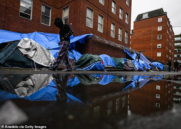 The tents are clustered near the International Protection Office in Dublin and serve as temporary homes for asylum seekers on April 30, 2024.