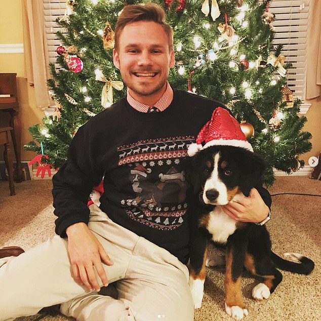 Evan White, of Dallas and the oldest of three children, was diagnosed with stage three colon cancer at the age of 24 after going to the hospital to have a tonsil abscess removed. He appears in the photo above at Christmas with his then puppy, a Bernese Mountain Dog, named Lola.