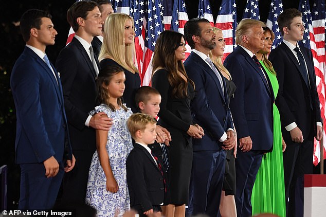 (From right to left) Barron Trump, first lady Melania Trump, President Donald Trump, Tiffany Trump, Donald Trump Jr., Kimberly Guilfoyle, Lara Trump, Eric Trump, Ivanka Trump, Jared Kushner and Michael Boulos at the Republican convention in 2020