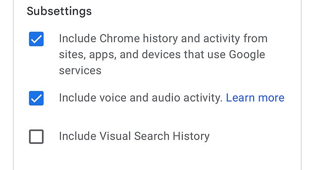 Once you click and scroll down, you should notice that the voice and audio activity settings have a blue check mark; Uncheck it to stop Google listening.