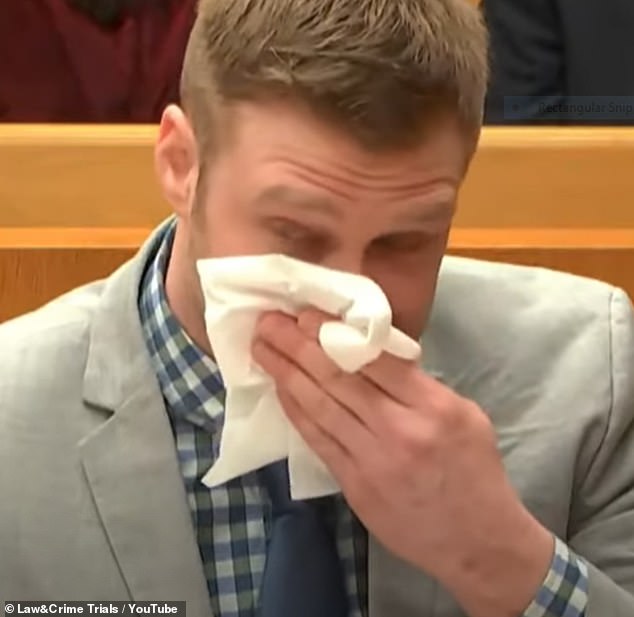 Gregor is seen breaking down in tears from where he was sitting in court. He wiped his tears with a handkerchief as he cried.