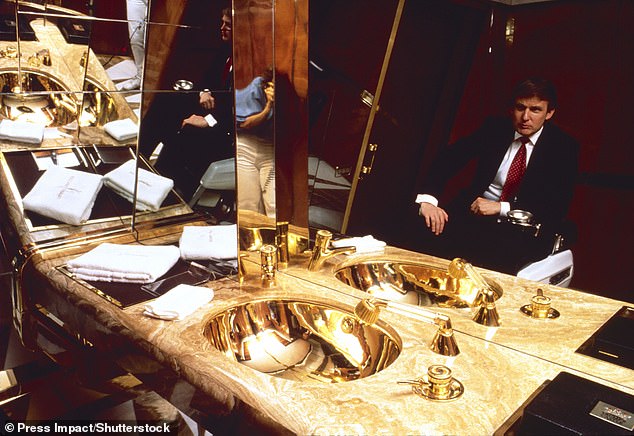 The future president poses in one of the golden bathrooms of the luxury yacht The Trump Princess, in 1988