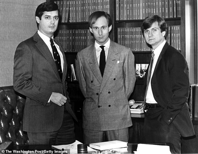 A photograph of Paul Manafort (left), Roger Stone (center) and Lee Atwater (right), a top adviser to Presidents Ronald Reagan and George HW Bush, in the early days of his lobbying career.