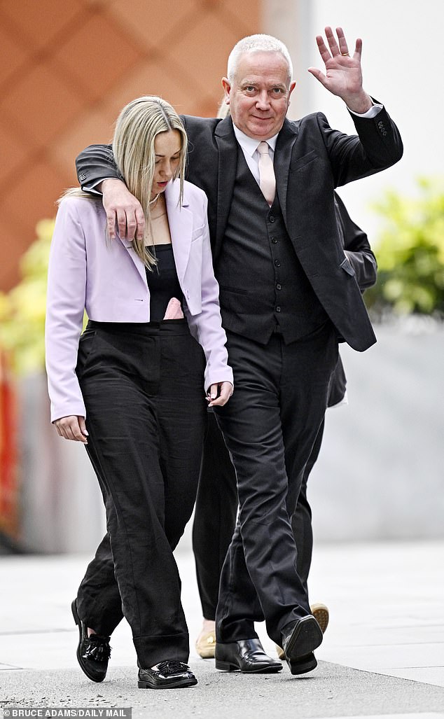 Joynes pictured outside Manchester Crown Court with her father on Tuesday