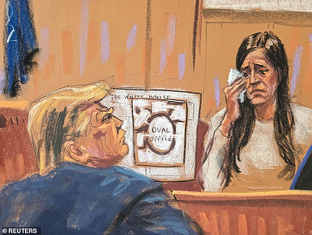 Former US President Donald Trump watches as former Oval Office Chief Operating Officer Madeleine Westerhout testifies during her criminal trial accused of falsifying business records to hide money paid to silence porn star Stormy Daniels in 2016, in Manhattan state court in New York City, USA, May 9, 2024 in this courtroom sketch