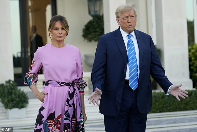 Former President Donald Trump, right, with his wife, Melania Trump, as they arrive at a Republican Party fundraiser, Saturday, April 6, 2024, in Palm Beach, Florida.