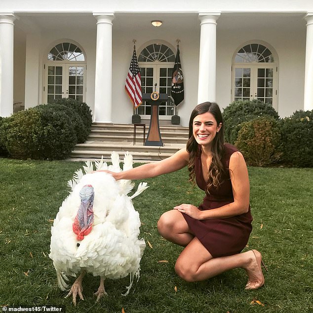 Madeleine Westerhout appears with the Thanksgiving turkey in one of her Twitter photos, posted on November 21, 2017.