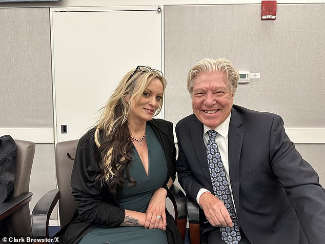 Stormy Daniels with attorney Clark Brewster at Trump hush money trial