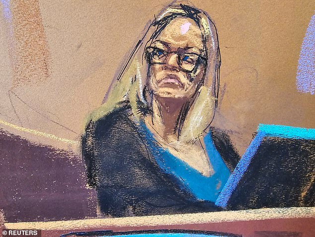 Stormy Daniels testifies during the criminal trial of former US President Donald Trump accused of falsifying business records to hide money paid to silence porn star Stormy Daniels in 2016, at Manhattan State Court in New York City, USA, on May 9, 2024 in this courtroom sketch.