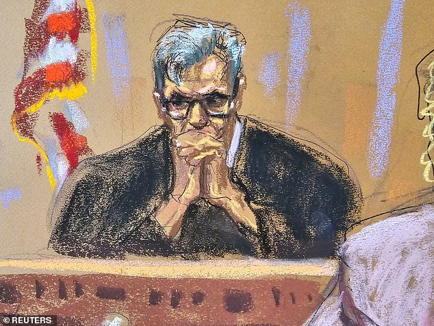 A sketch of Judge Juan Merchán in court on May 9 watching Susan Necheles question Stormy Daniels.