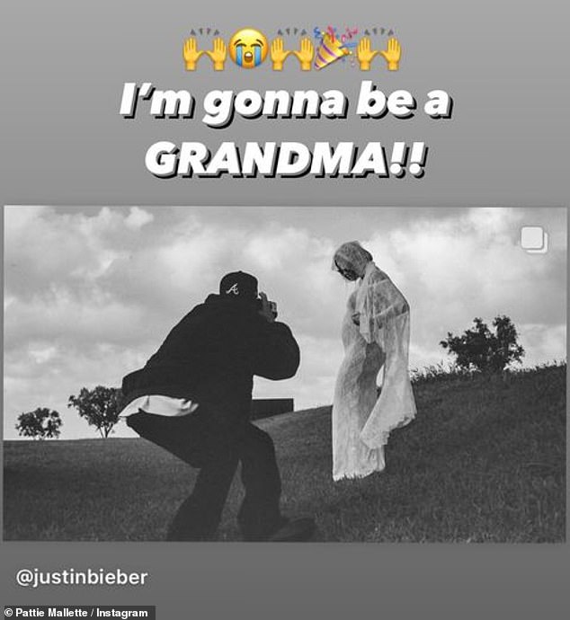 The proud mother and future grandmother said on Instagram Stories: 'I'm going to be a GRANDMA!!