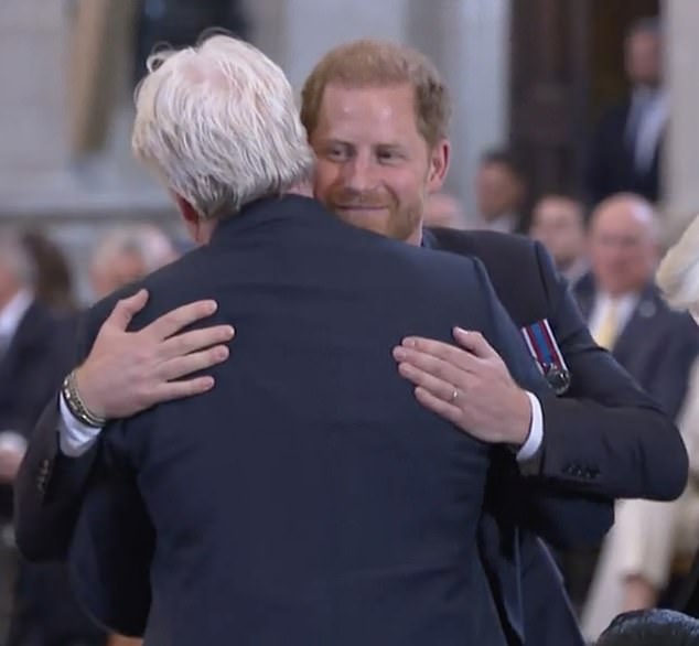 The closeness between Prince Harry and his uncle Charles was obvious as they embraced warmly inside the Cathedral as the Duke smiled.