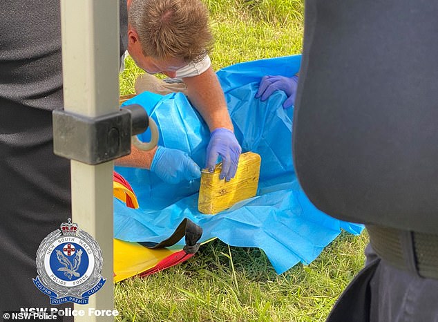 More than 50kg of cocaine was found near the body of Brazilian diver Bruno Borges Martins, 31, in Newcastle Harbor in May 2022 (pictured, police investigating bricks of cocaine).