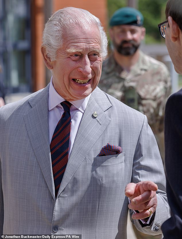 King Charles III during a visit to Gibraltar Barracks in Minley, Hampshire, on Thursday while his son Prince Harry remained in London.