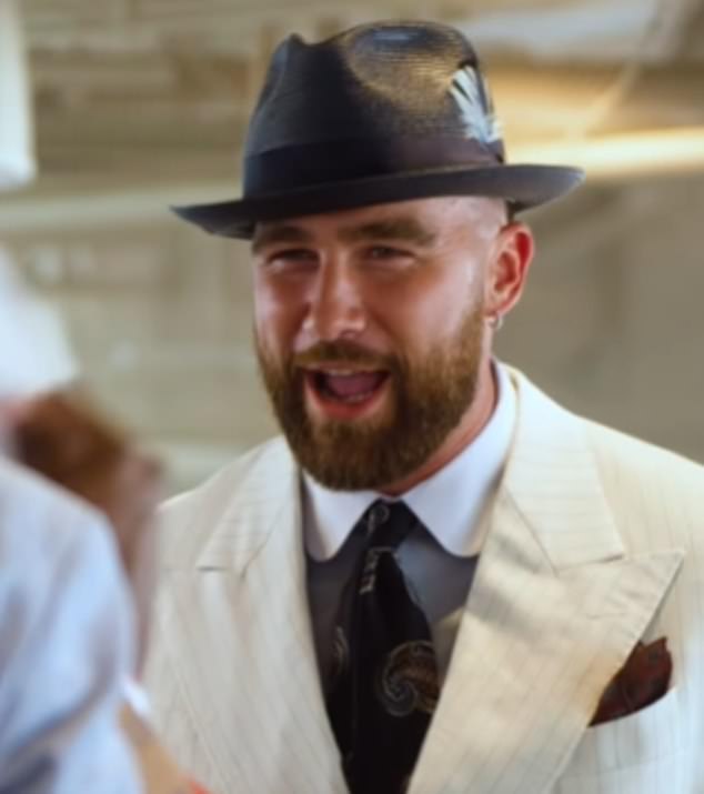 Kelce appeared in a white pinstriped suit and a dark fedora in Run for the Roses.