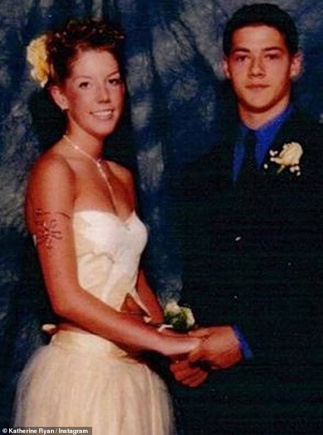 The TV presenter has now opened up about her teenage romance, admitting she was so heartbroken over their split that she once refused to leave her father's apartment during a fire evacuation (pictured with Bobby at the prom).