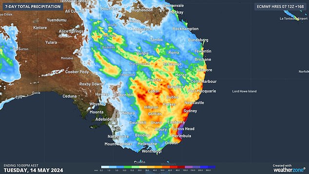 Southeastern Australia will be drenched over the weekend, as this map of accumulated rainfall for the seven days to Tuesday shows.