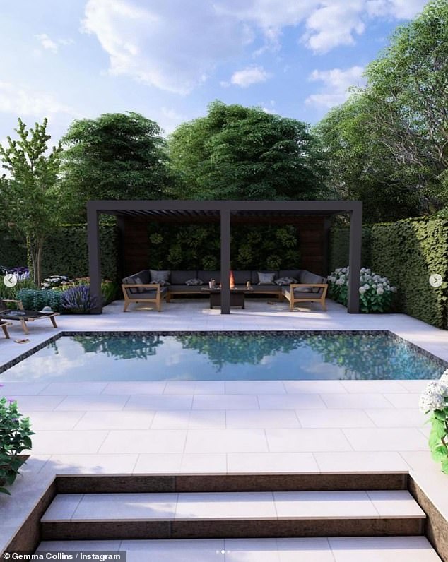 She also shared a snap of the luxury pool area, surrounded by plants and a pergola, with a long garden sofa and a fire pit underneath.