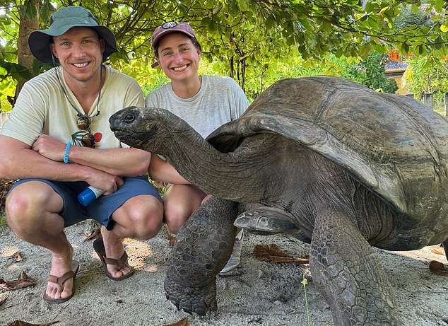 Castaways: Harriet, with her husband Dan, and George the tortoise, the oldest resident of Desroches.