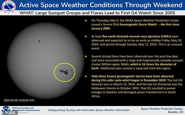 NOAA issued a severe geomagnetic storm warning (G4) late Thursday, noting that a large sunspot group had produced several moderate to strong solar flares since Wednesday at 5 a.m. ET.