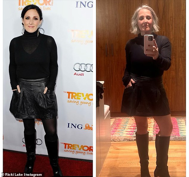 Lake shared side-by-side photos of herself in the same black skirt 30 years apart.