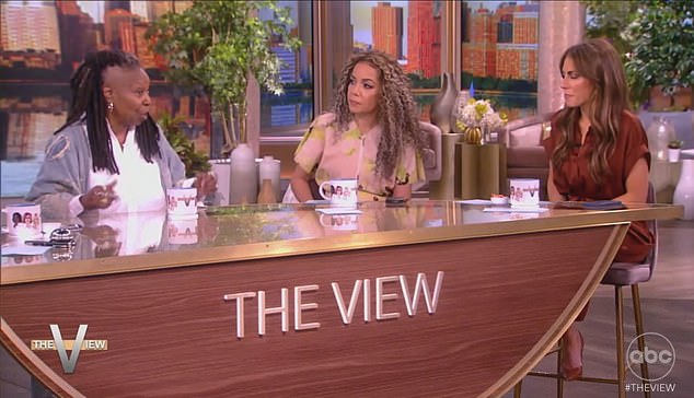 Whoopi, 68, photographed mid-conversation with two of her co-hosts, Sunny, 55, and Alyssa, 34.