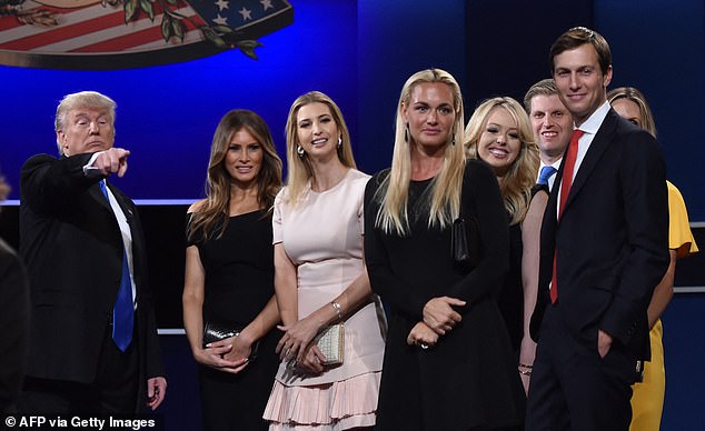 Donald Trump, Melania Trump, Ivanka Trump, Donald Trump Jr.'s then-wife, Vanessa Trump, Tiffany Trump, Eric Trump, Jared Kushner and Lara Trump at the first presidential debate in September of the 2016 election