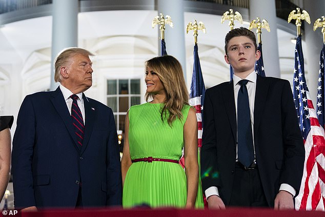 Barron Trump with his parents Donald and Melania on the South Lawn of the White House on the fourth day of the Republican National Convention in August 2020.