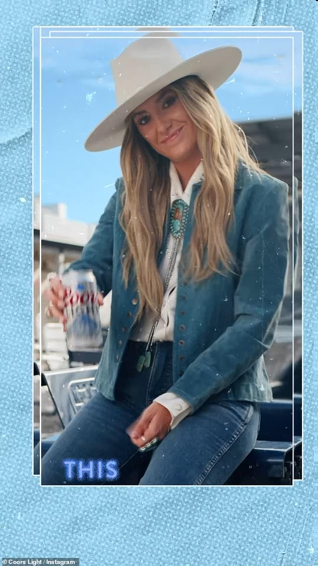 The Yellowstone star posed in a blue suede jacket while holding a can of Coors Light.