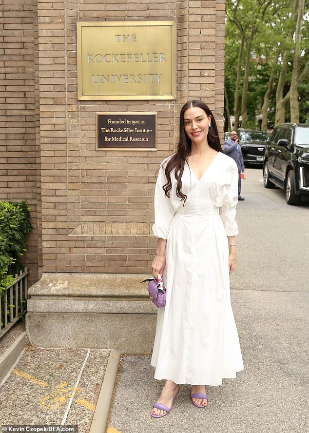 Ariana Rockefeller attended the Women and Science conference and luncheon held at Rockefeller University wearing a white dress by Abadia Official, a women-led and ethically sourced brand from Saudi Arabia.