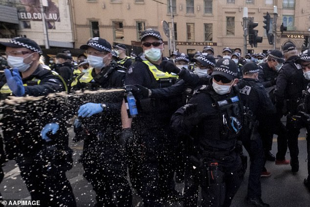 Victoria had some of the strictest lockdown conditions in the world during the pandemic, including the fact that people could only move within a 5km area of ​​their home to shop or exercise, and a ban on public gatherings and private. Pictured is an anti-lockdown protest in Melbourne.