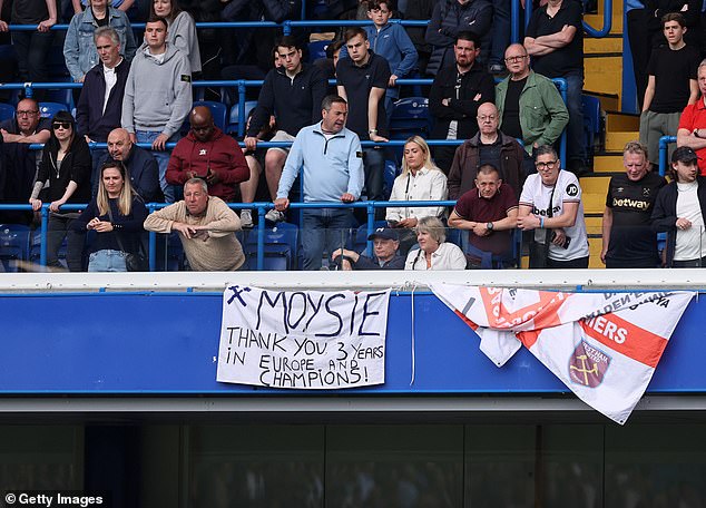 West Ham fans (pictured at Stamford Bridge on Sunday) will say goodbye to Moyes at the London Stadium on Saturday.